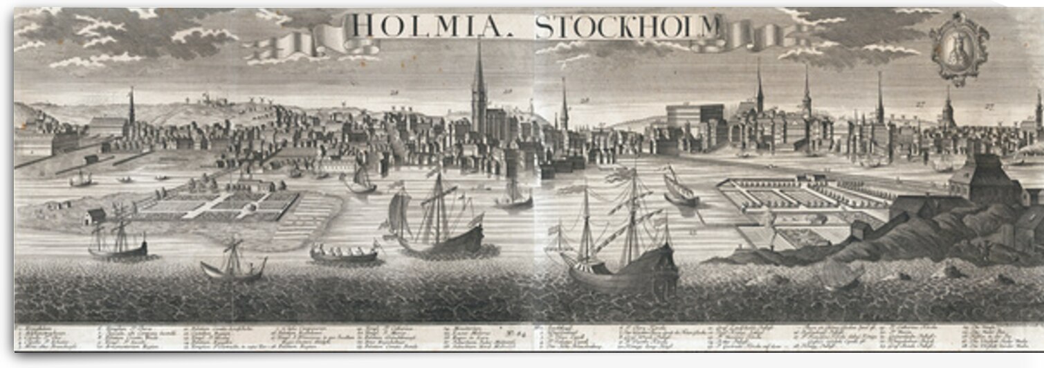 18th Century View of Stockholm Sweden – Panoramic City Engraving Depicting Islands Churches and Waterfront Architecture of the Swedish Capital Reflecting the Baroque Era of Scandinavian Urban Design by History In Your Home