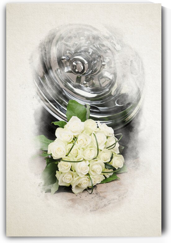 Elegant White Rose Bouquet Beside Polished Chrome in watercolor by Youri Mahieu