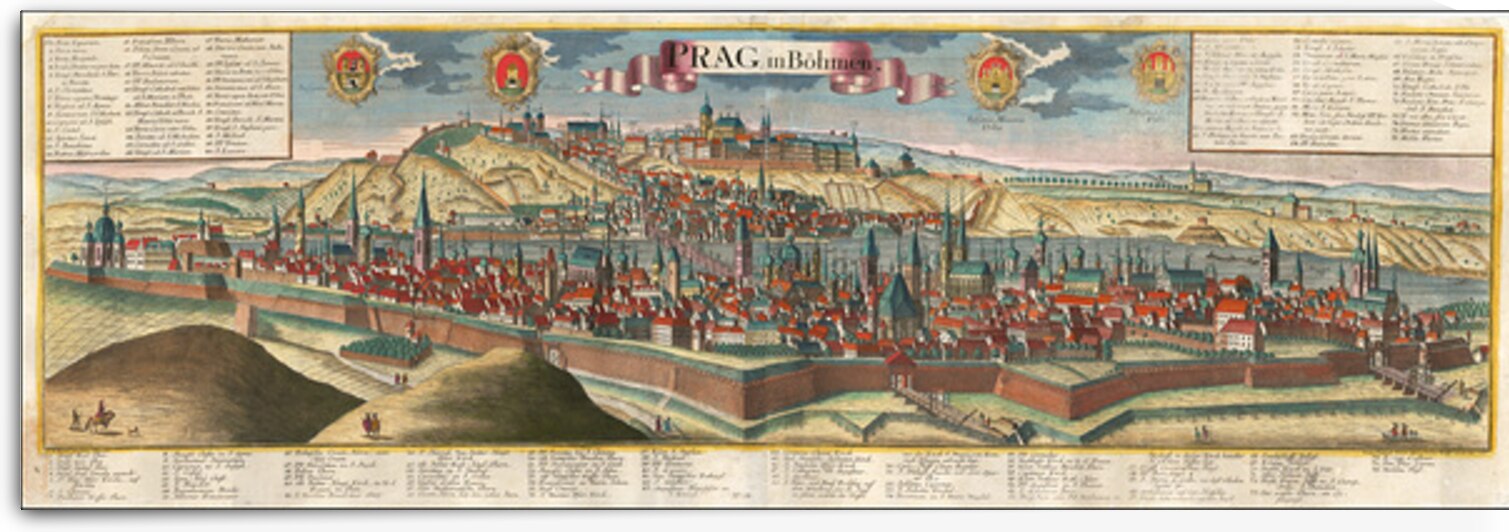 18th Century Bird’s Eye Map of Prague – Panoramic City View Depicting the Castles Bridges and Churches of Bohemia’s Capital Capturing the Baroque Splendor and Architectural Grandeur of Central Europe by History In Your Home