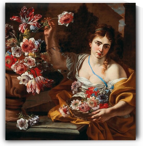 A Young Woman Taking A Flower From A Vase by Abraham Brueghel [1631–1697] by MyCozyFineArt