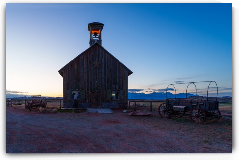 Western Church And Wagon Blue Hour by Jennifer White