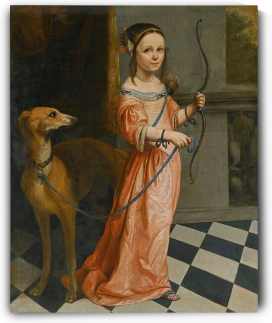 Portrait Of A Girl. Full Length. In A Pink Dress With A Bow And Hound [3rd quarter of the 17th Century] by Dutch School [16th–20th Century] by MyCozyFineArt