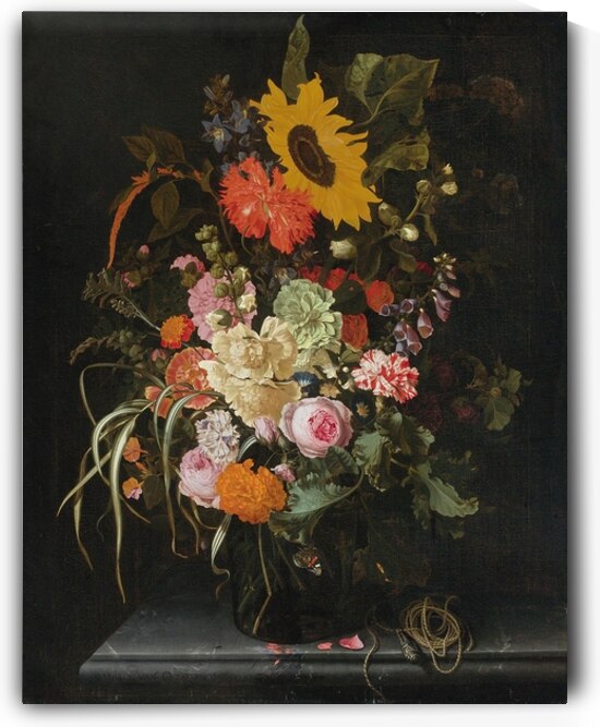 Still Life Of Roses. Carnations. Marigolds And Other Flowers With A Sunflower And Striped Grass [1680] by Maria van Oosterwijck [1630–1693] by MyCozyFineArt
