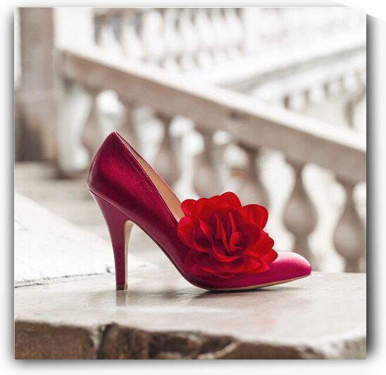 High heel shoe with a red flower Rialto Bridge Venice Italy by Assaf Frank