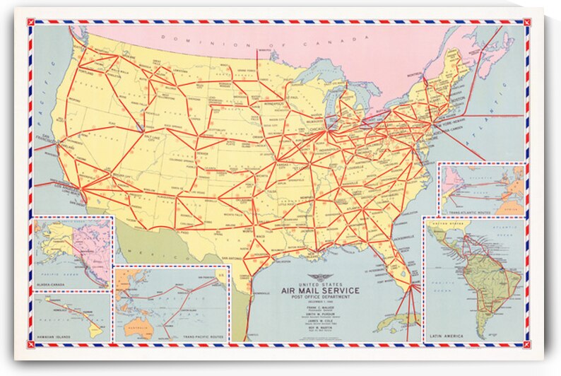 1940 Map of United States Post Office Air Routes – Mid-20th Century Map Showing Airmail Routes Airports Major Cities Flight Paths and Postal Network Across the Continental United States by History In Your Home