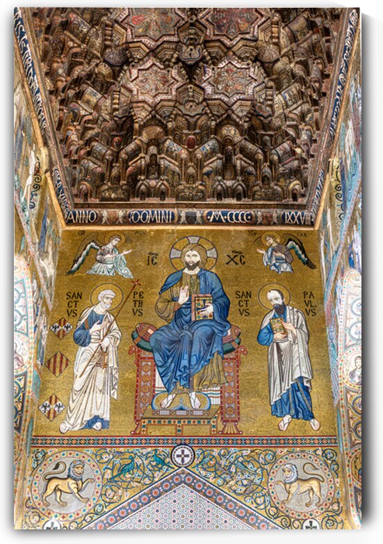 Majestic mosaic of christ pantocrator with saints peter and paul by Gualtiero Boffi