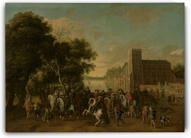 Prince Maurits. Accompanied by Prince Frederik Hendrik. Frederick V of Bohemia and his Wife Elizabeth Stuart. And Others. On the Buitenhof. The Hague [c. 1621–c. 1625] by Pauwels van Hillegaert [1596–1640] by MyCozyFineArt