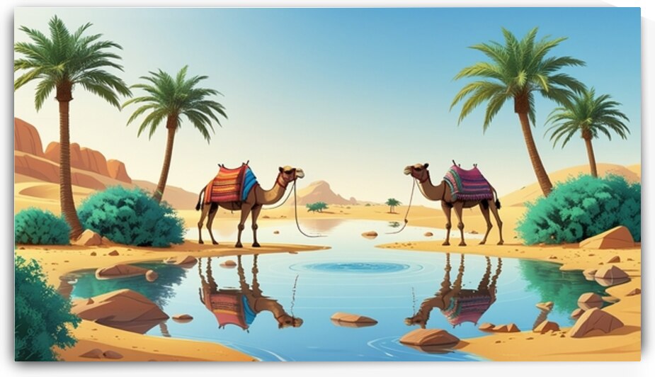 Desert Reflections: Camels at the Oasis by Webfinai
