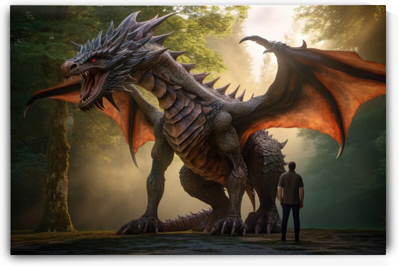 Man stands in front of dragon by Point Art