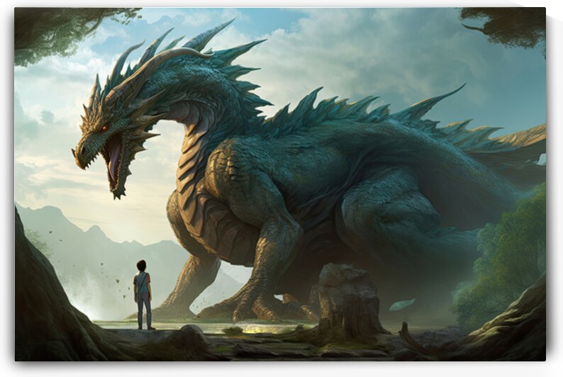 Man and huge dragon by Point Art