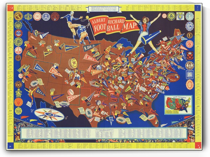 1940 Pictorial Football Map of the United States – Illustrated Map Depicting American Football Teams Stadiums College and Professional Teams Key Cities and Regional Football Culture by History In Your Home