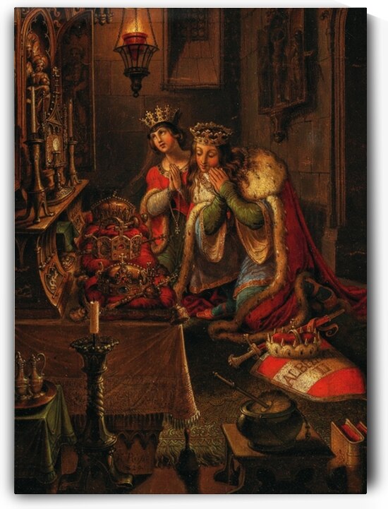 King Albert II and His Wife Elizabeth of Luxembourg in Prayer. On the Altar the Crowns of Bohemia and Hungary. As well as the Imperial Crown of the Holy Roman Empire [1820] by Karl Russ [1779–1843] by MyCozyFineArt