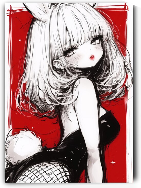 Cute Bunny Girl – Red and Black Ink Art by Anne Laure GOUPIL