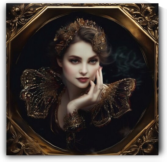 Baroque Beauty Portrait – Enchanted Noblewoman in Gilded Frame by Nourdigit