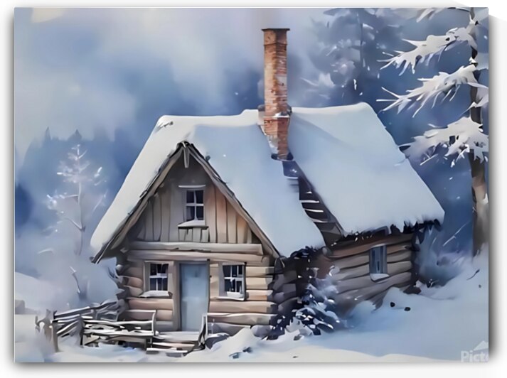 Snowy Cabin in Winter Forest – Cozy Christmas Art Print by sama photo