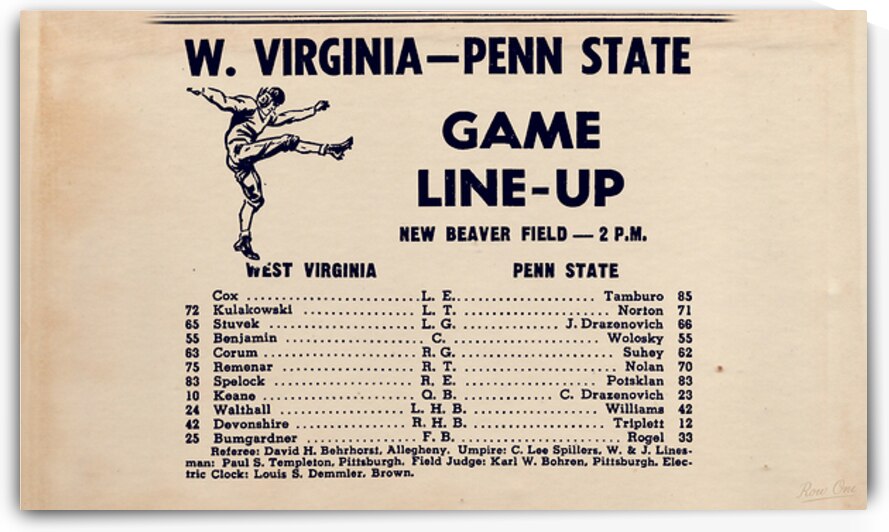 1948 West Virginia at Penn State Football Lineups by Row One Brand