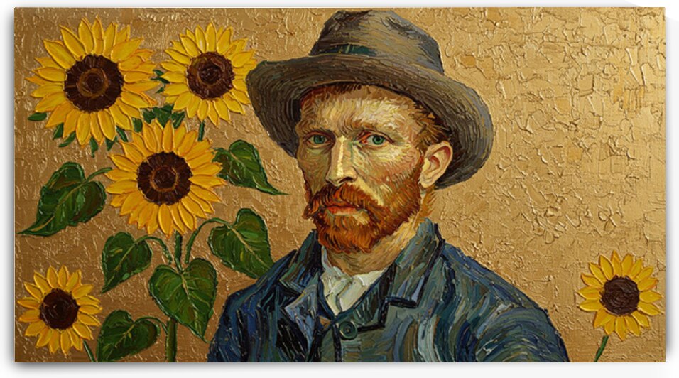 Vincent Van Gogh Sunflowers Gold Bronze Foil Impasto Painting Thick Textured Art by Sumer Paintings
