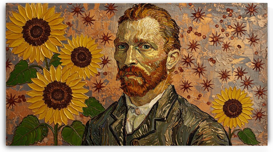 Vincent Van Gogh Sunflowers Gold Bronze Foil Impasto Painting Thick Textured Art by Sumer Paintings