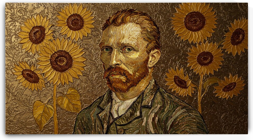 Vincent Van Gogh Sunflowers Gold Bronze Foil Impasto Painting Thick Textured Art by Sumer Paintings