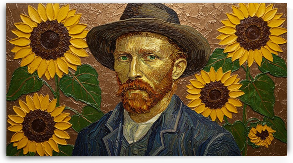 Vincent Van Gogh Sunflowers Gold Bronze Foil Impasto Painting Thick Textured Art by Sumer Paintings