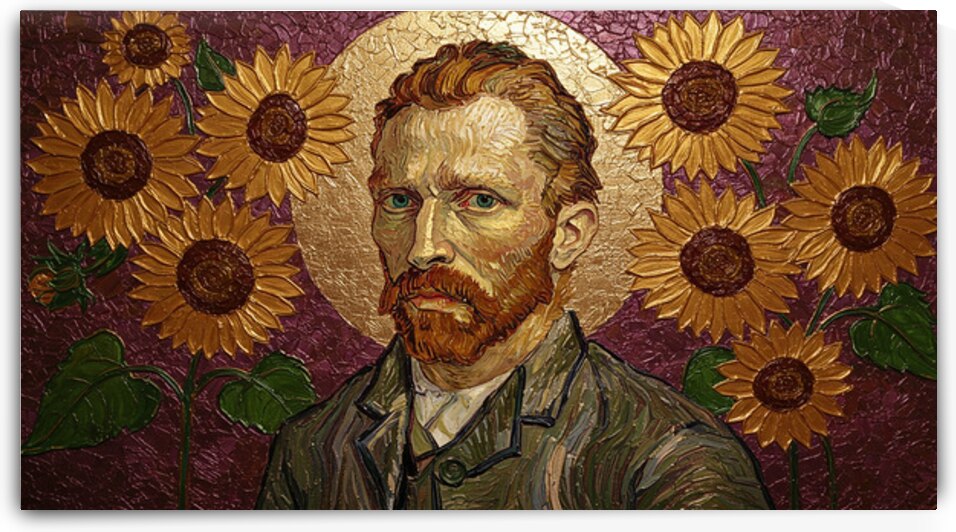 Vincent Van Gogh Sunflowers Gold Bronze Foil Impasto Painting Thick Textured Art by Sumer Paintings