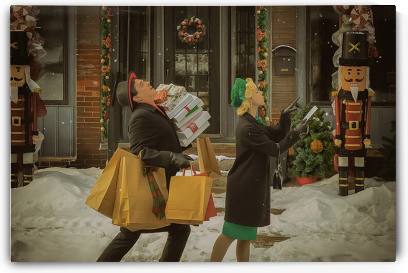 Vintage winter scene of a fifties couple in front of a decorated store shopping for Christmas gifts by Artmood Visualz