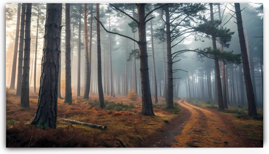 Mystical Foggy Pine Forest at Dawn by DesignTech