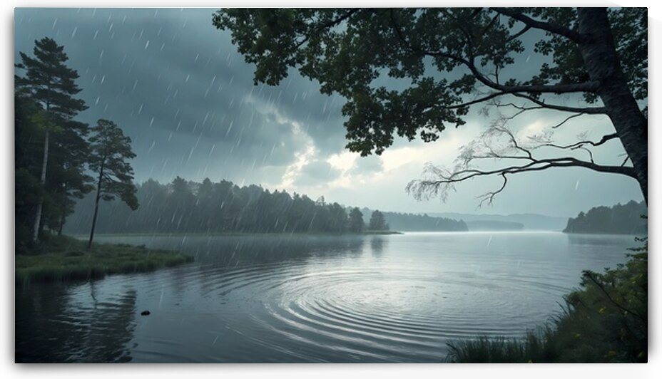 Rainfall Over a Serene Forest Lake by DesignTech