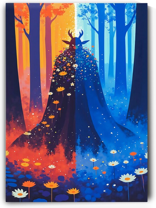 Fantasy Forest Spirit Wall Art – Mythical Antlered Creature in Light and Shadow with Flowers and Fire by Sigit Art