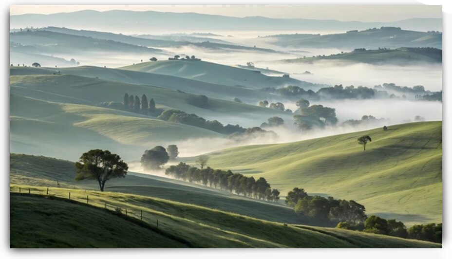 Rolling Green Hills Shrouded in Morning Mist by DesignTech