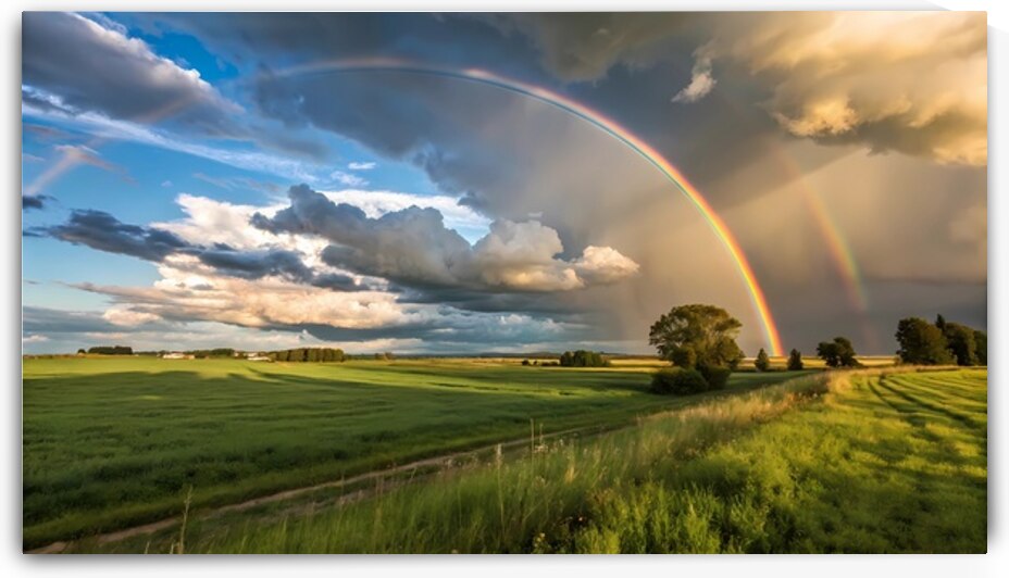 Rainbow Over Verdant Fields Under a Dramatic Sky. by DesignTech