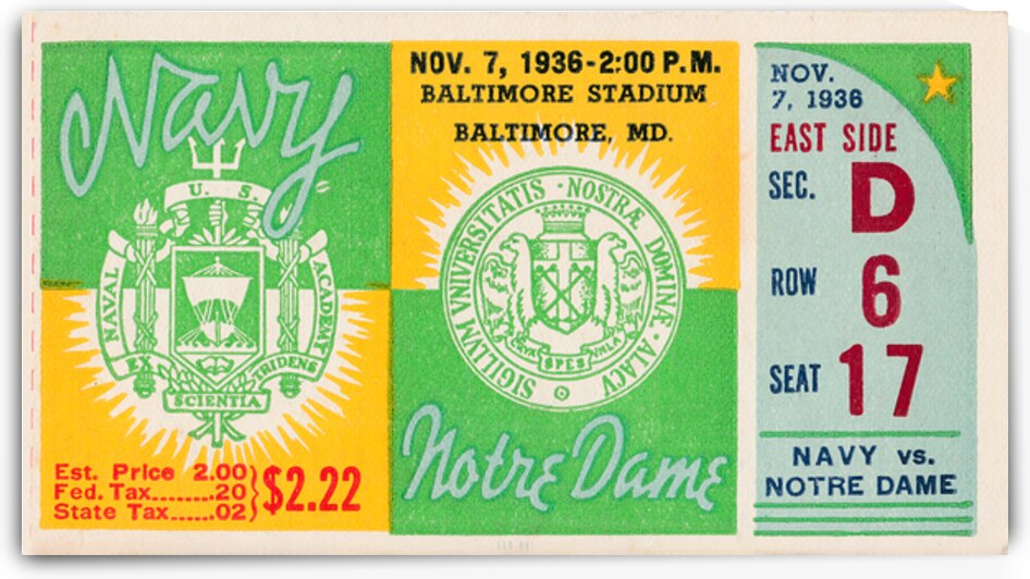 1936 Notre Dame Fighting Irish at Navy Midshipmen by Row One Brand