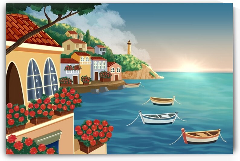Serene Coastal Village at Sunset by sarah illustrator