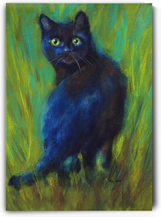 Black cat in the green grass acrylic painting  by Karen Kaspar