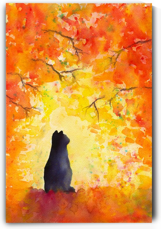 Cat in fall foliage watercolor painting by Karen Kaspar