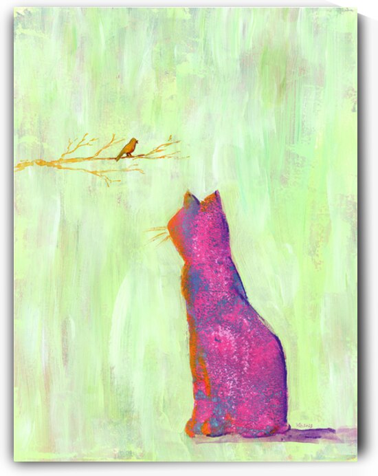 Pink cat and orange bird acrylic painting by Karen Kaspar