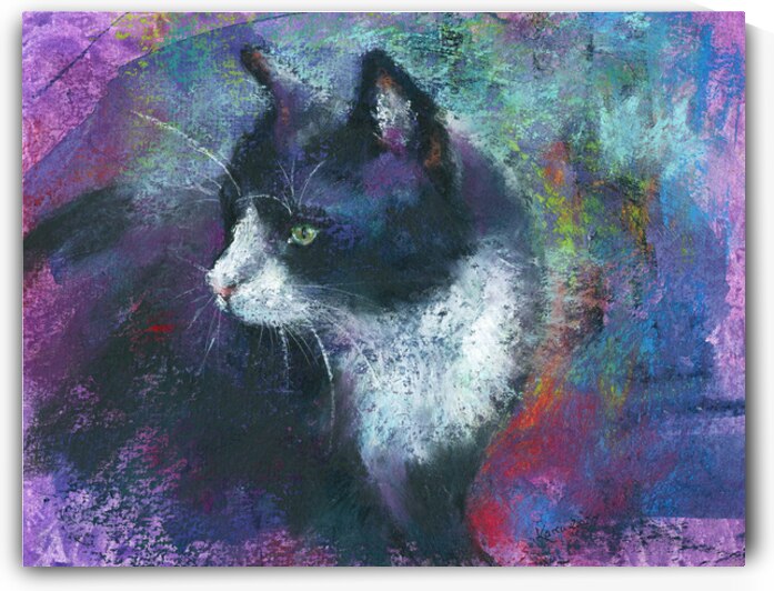Tuxedo cat soft pastels painting  by Karen Kaspar