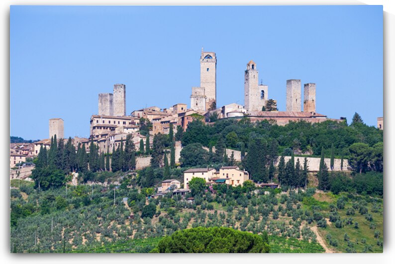 San Gimignano village Italy: green countryside blue sky hill  by Paolo Modena