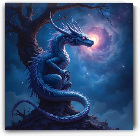 Bioluminescent Dragon Coiled Around Ancient Tree by Mark Turley