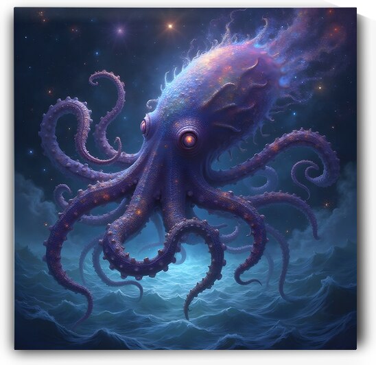 Bioluminescent Kraken Meditates in Swirling Nebula by Mark Turley