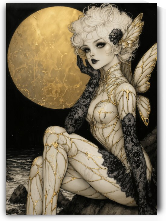 Golden Kintsugi Fairy – Gothic Moonlight Fantasy Art by Anne Laure GOUPIL