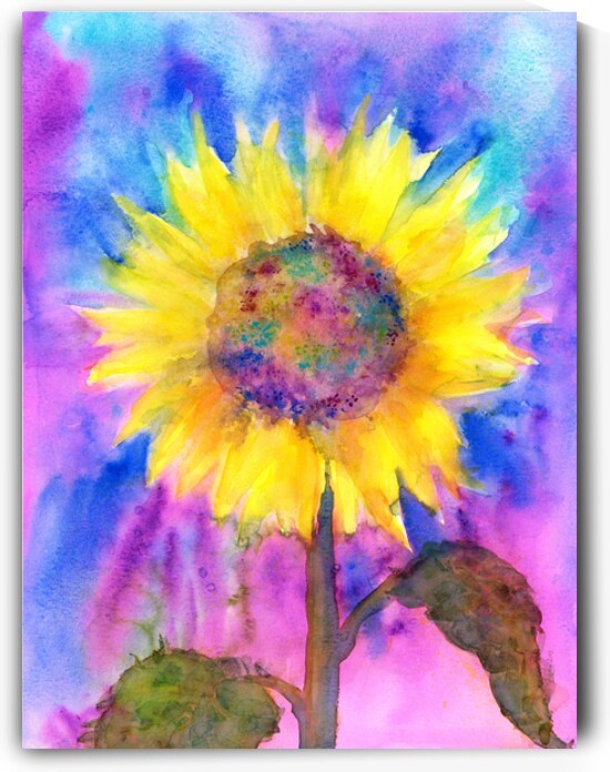 Rainbow sunflower watercolor painting by Karen Kaspar