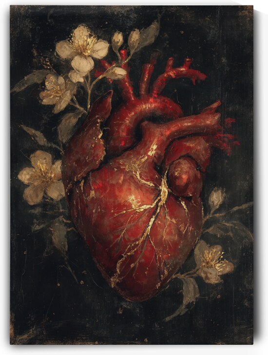 Kintsugi Heart with Golden Veins and Flowers by Anne Laure GOUPIL