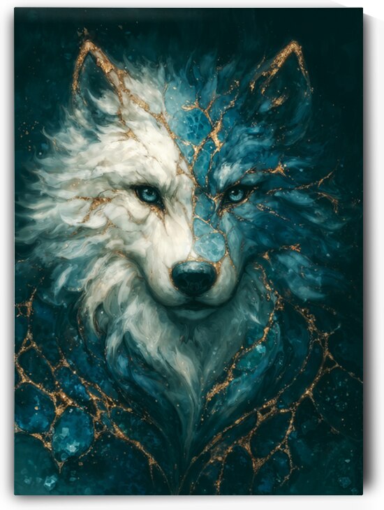 Kintsugi Spirit Wolf – Dual Nature in Gold and Blue by Anne Laure GOUPIL