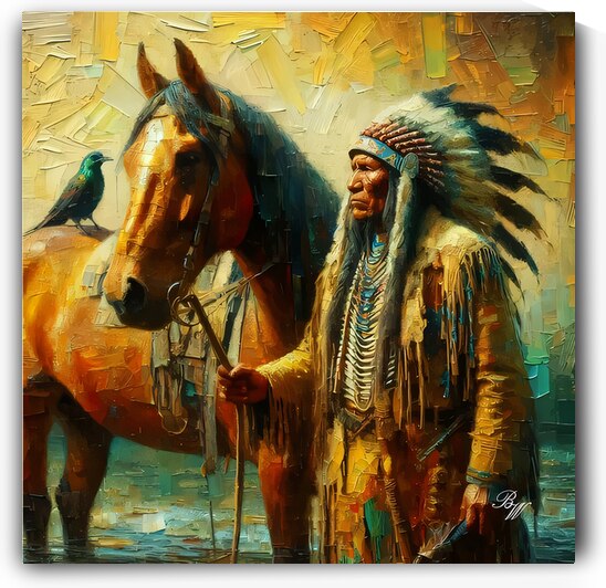 Elderly Native American Warrior with horse 3 by Billy Wayne