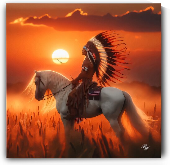 INDIAN ON HORSEBACK AT SUNSET by Billy Wayne