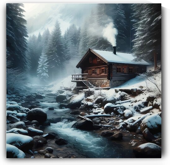 LOG CABIN BY A STREAM by Billy Wayne