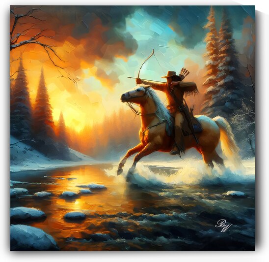 Mountain Man shooting bow crossing stream  by Billy Wayne