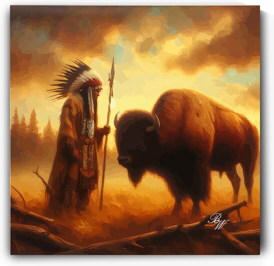 Native American Indian and Buffalo 2 by Billy Wayne