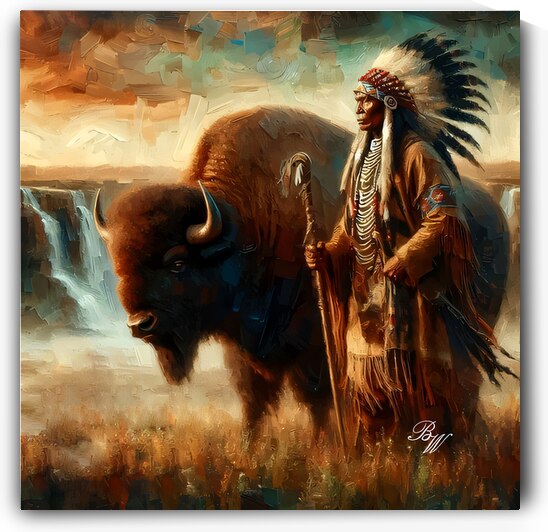 Native American Indian and Buffalo by Billy Wayne